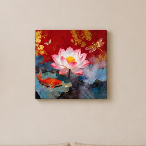 Image of PAINTINGMANTRA Koi Fish Lotus Stretched Canvas Painting for Living Room | Feng Shui Artwork Wall Decor Art For Livingroom, Bedroom, Office, Hallways - 16x16 Inch