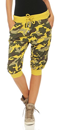 Malito Corto Boyfriend Pantalón con Camuflaje Print Sweatpants Fitness Baggy 8017 Mujer Talla Única (Amarillo)