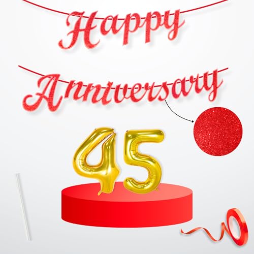 Image of Flyloons 45th Happy Anniversary Banner Red Decorations Kit for Men Women Wedding Anniversary Banner Items without Balloons