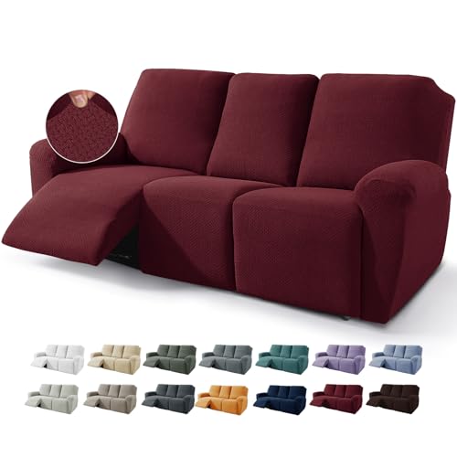 JIVINER 8-Piece Recliner Sofa Covers Stretch Jacquard Couch Covers for Recliner Slipcovers for Living Room 3 Cushion Soft Recliner Protector with Pocket (Sofa Recliner, Wine Red)
