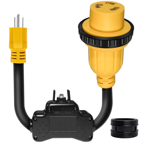 1.5FT Overload Protection 15 Amp to 30 Amp Marine Shore Power Adapter with Circuit Breaker Nema 5-15P to L5-30R Twist Lock Boat Shore Power Cord for Yacht 30A Receptacle to 110V 15A Household Plug
