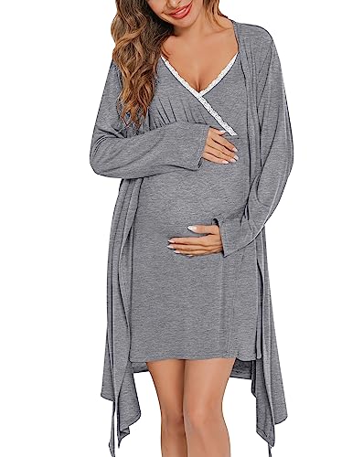 Image of SWOMOG Maternity Robe Nursing Nightgown 3 in 1 Labor Delivery Birthing Gown for Hospital Breastfeeding Bathrobes Lace Dress