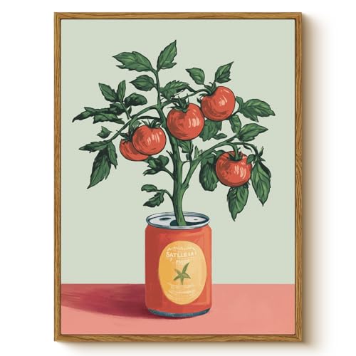 WHASAYART Retro Tomato Plant Growing from Can Framed Wall Art 12x16 Inch, Vintage Vegetable Botanical Food Canvas Print, Pantry Cafe Kitchen Dining Room Farmhouse Decor