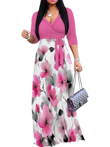 Image of SUZONANA Plus Size Dresses for Women Floral Print Maxi Dress Flowy 3 /4 Sleeve with Belt