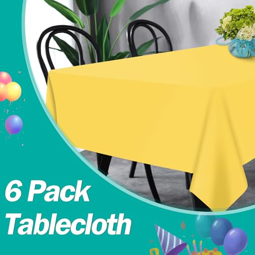 Image of tujol Yellow 6 Pack Plastic Table Cloth 54 inch x 108 inch, Disposable Tablecloths Rectangle Table Cover, Plastic Tablecloths for Parties
