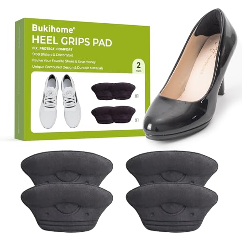 Heel Grips Pads for Women Shoes - Bukihome Heel Inserts Liners Non-Slip for Loose Too Big Shoes - Shoe Cushions Fillers Prevent Blister Callus Rubbing Pain Relief, Fits Most Shoe (2 Pairs, Black)