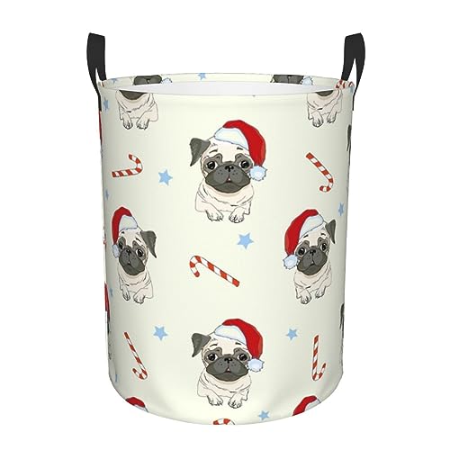 Cestos Para La Colada Perro Pug Navideño Cesto De Ropa Sucia Impermeable Laundry Basket Juguetes Cesta De Lavandería Para Baño Dormitorio Apartamento 40X50Cm
