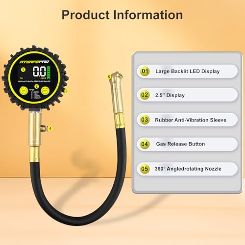 ATsafepro Digital Tyre Pressure Gauge 200 PSI/14 Bar - ANSI B40.1 Certified, Tyre Gauge Colour LCD, Backlit for Car, Moto, SUV, Truck - Image 3