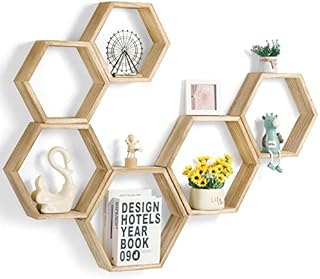 YBING Hexagon Floating Shelves Wall Mounted Farmhouse Wood Storage Honeycomb Wall Shelf Set of 6 Hexagonal Shelves Wall Home Decor Hexagon Shelves for Living Room Bedroom Office, Light Brown