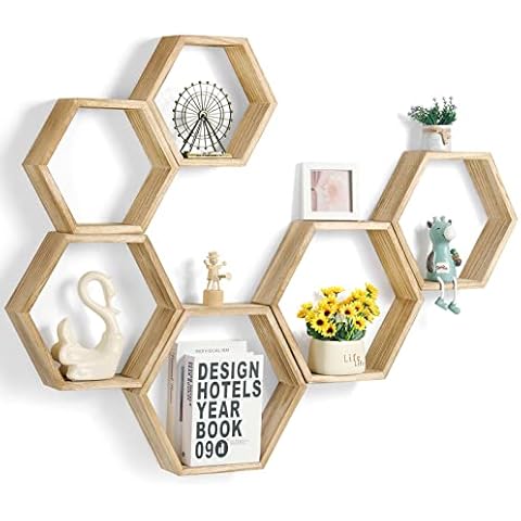 YBING Hexagon Floating Shelves Wall Mounted Farmhouse Wood Storage Honeycomb Wall Shelf Set of 6 Hexagonal Shelves Wall Home Decor Hexagon Shelves for Living Room Bedroom Office, Light Brown Cover