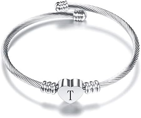 KunBead Jewelry Women Girls Initial Letter Cuff Bracelet Silver Alphabet Love Heart Bangle Bracelets Gift for Birthday Stainless Steel
