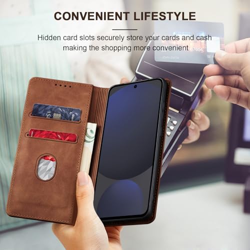 Image of Jasonyu Flip Wallet Case for Samsung Galaxy S24 FE,Leather Magnetic Folio Cover with Card Holder,Kickstand - TPU Shockproof Durable Protective Phone Case,Brown