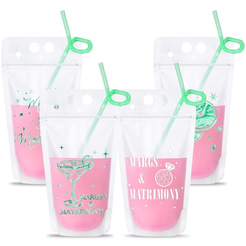 Qilery 24 Pack Margs and Matrimony Bachelorette Party Drink Pouches with Straws, Margarita Drink Bags Handheld Reclosable Zipper Pouch Cups for Bridesmaid Favor Wedding and Bridal Showers