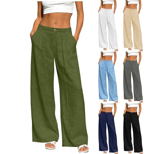Leinenhose Damen Sommer Baumwolle Leinen Lang Weites Bein Hose Einfarbig Sommerhose Stoffhose Elegant Musselin Gerade Geschnitten Hosen Knöpfen Reißverschluss Leicht Strandhose Anzughose Freizeithose
