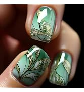 Spring Press on Nails Short Square Fake Nails with Glitter Emerald Designs Gradient False Nails F...