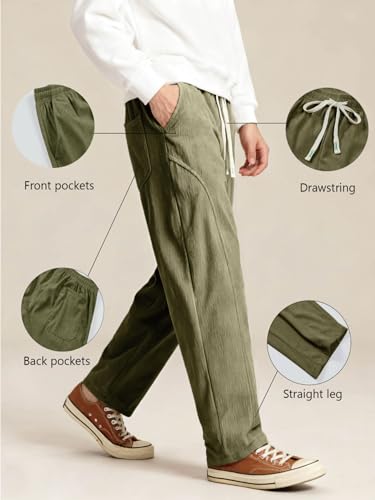 Elegant Seal Men's Corduroy Wide Leg Fashion Casual Pants Loose Fit Baggy Straight Sweatpants Elastic Waist Drawstring Army Green — view 4