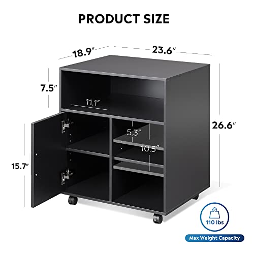 Devaise Mobile Printer Stand With Adjustable Shelf, Rolling Wood Storage Cabinet On Wheels, Black #TOP4