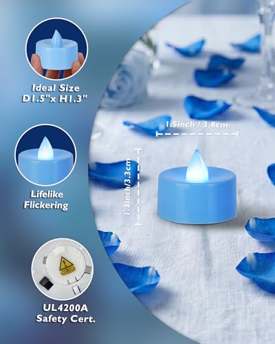 Image of Homemory Light Blue Tea Lights Candles Battery Operated, Flickering Flameless LED Votive Candles, Pure White Tealights for Boy Baby Shower, Gender Reveal, Blue Wedding, Nursery Decor, 50-Pack