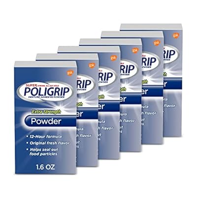 Super Poligrip Extra Strength Denture Adhesive Powder, Denture Powder for Dentures - 1.6 Ounces (Pack of 6)