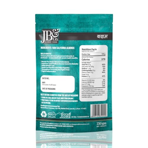 Image of JB&CO 100% Natural California Almonds 1kg, High In Fiber, Nuts & Dry Fruits Premium California almonds, ziplock pouch, Badam beej, bedana, almond kernel. Bold size, in convenient packs of 250g X 4