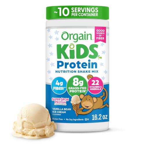 Orgain Kids Dairy Protein Powder Shake Mix, Vanilla Bean Ice Cream - 8g Grass-Fed Dairy Protein, 4g Fiber, 22 Vitamins & Minerals, Gluten Free, No Soy Ingredients, Adds Nutrients to Kids Snacks, 1lb