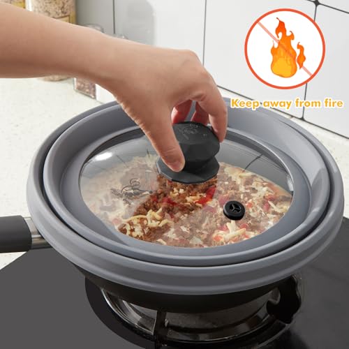 Image of Microwave Splatter Cover Vented Glass Splatter Guard Lid with Collapsible Silicone for Food as Pot Cover Plate 9.8 inch Light Grey