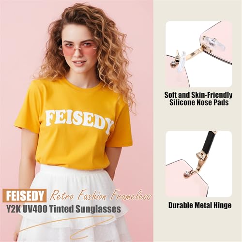 Image of FEISEDY Rimless Sunglasses Y2K Retro Small Narrow Clear Eyewear Vintage Rectangle Sunglasses for Women Men B2643