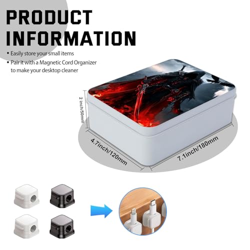 Image of Metal Tin Box with Lid,Multi-functional Storage Large Box Can Store Tea Biscuits Game Cards, Playing & Tarot Cards-Comes with 4 Magnetic Cord Clips,Dark Warrior with Red Sword
