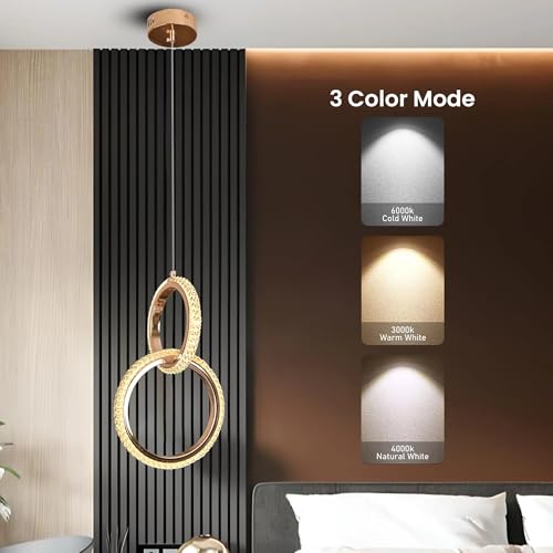 Image of Smartway Itzel 12 Watt Double Ring Pendant Light | Gold Hanging Ceiling Lamp with Crystal Textured | Adjustable Hanging Light for Bedroom, Living Room, Dining Area, Cafe, Restaurant & Office