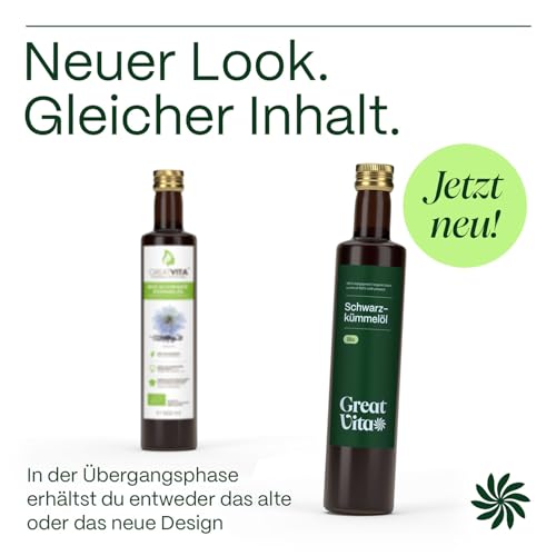 Schwarzkümmelöl bio kaltgepresst 1L (2x 500 ml) - 100% rein, vegan - Black Seed Oil (Schwarzkümmel) - Schwarzkümmelöl kaltgepresst für Küche, Haut-, Haar-& Körperpflege - ohne Zusatzstoffe | GreatVita