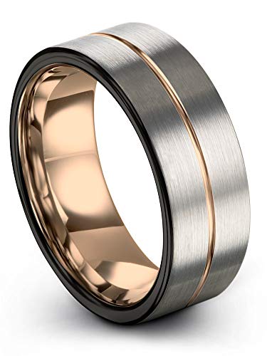 Midnight Rose Collection Tungsten Wedding Band Ring 9mm for Men Women 18k Rose Gold Plated Flat Cut Center Line Black Grey Brushed Polished Size 8.5