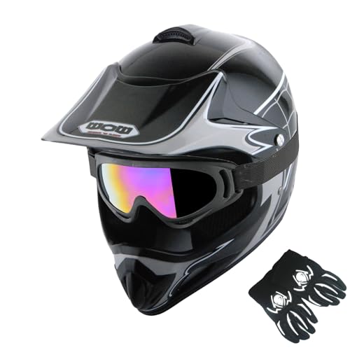 WOW Youth Motocross Helmet BMX MX ATV Dirt Bike Helmet Spider Web Black + Goggles + Martian Skull Black Glove Bundle