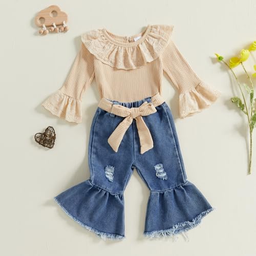 Newborn Baby Girl Winter Clothes Ruffle Rib Knit Romper Floral Fall Outfits Flared Pants Cute Infant Headband Set3