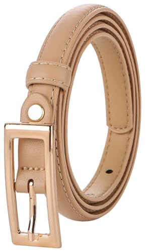 Women's Skinny Genuine Leather Belt Thin Waist Belt with Gold Buckle