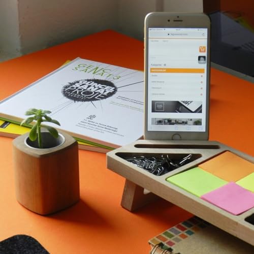 Image of Wooden Desk Organizer with Phone Stand, Multi-Compartment Stationery Holder, Natural Wood Finish (STYLE-2)