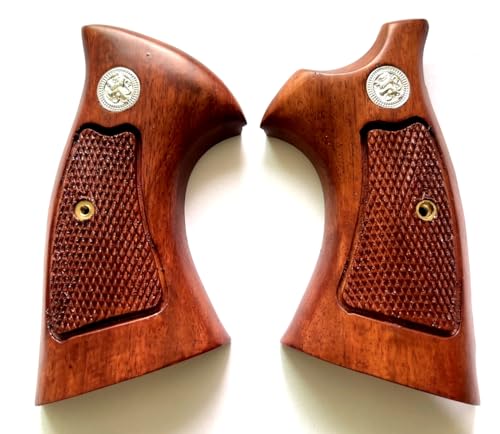 FYFIXN Hardwood Handgun Grips Compatible with Smith and Wesson N Frame Square Butt Revolvers Finger Groove Checkered Design Deluxe Classic Handmade Craft Handcraft