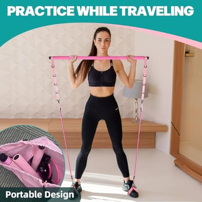 Multi-Functional Pilates Bar Kit with Resistance Bands, Ankle Bands for Leg Butt Training, Adjustable 3-Section for Full Body Workouts, Pilates Workout Equipment for Legs, Hip, Waist, Arm