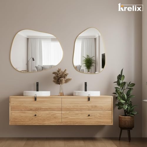 Image of 12x18 Inch Gold Irregular Asymmetrical Wall Mirror - Modern Plastic Frame, Decorative Wall-Mounted Mirror for Bathroom, Bedroom, Living Room & Entryway(Gold, Pebble)