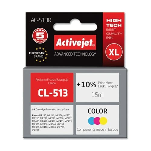 Tusz Activejet Ac-513R Do Drukarki Canon, Zamiennik Canon Cl-513; Premium; 15 Ml; Kolor. Drukuje Więcej O 10%.