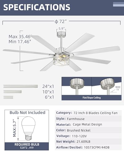 Image of YOUKAIN Ceiling Fans with Lights, 72 Inch Farmhouse Ceiling Fan with Light and Remote, 8-Reversible, Brushed Nickel Finish, Indoor /Outdoor Ceiling Fans for Living Room, Bedroom, 72-YJ632-BNW