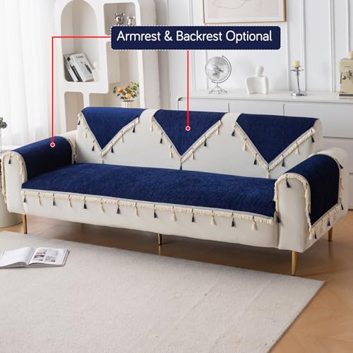 Image of HOKIPO 'Serenity Tassel' Chenille Sofa Cover 5 Seater Set with Tassels - Washable 3+1+1 Sofa Cover Mat | Sapphire Navy (IN-890 * 2 + IN-892 - NBL)