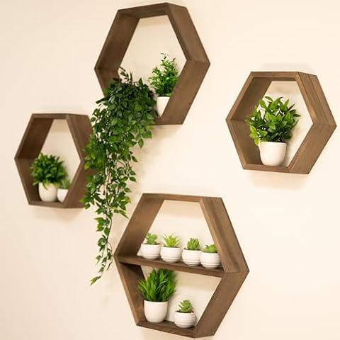 Farm and Posh Large Hexagon Floating Shelves Set of 4 – Honeycomb Shelf, Crystal Display Shelf, Wood Hexagon Wall Shelves, Farmhouse Display Shelves for Hexagon Wall Decor (Dark Walnut) Cover