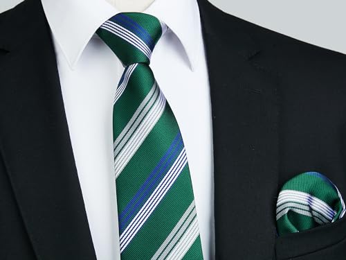Image of Enlision Mens Ties Stripe Tie and Pocket Square Set Classic Formal Woven Neckties Handkerchief Cufflinks Wedding