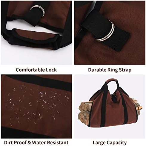 Canvas Log Carrier Bag, Brown Firewood Holder 36.5x18 Inch Heavy Duty Firewood Tote Bag with Padding Strap for Indoor Fireplace Wood Stove Accessories Outdoor Camping