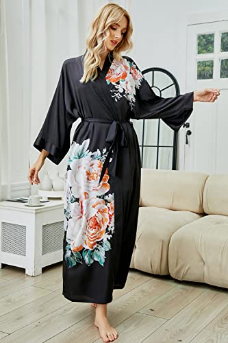 Moreone Women's Long Kimono Robe Floral Silk Robes Satin Bathrobe Sleepwear Print Silky Nightgown Wedding Robe Black Print #TOP4