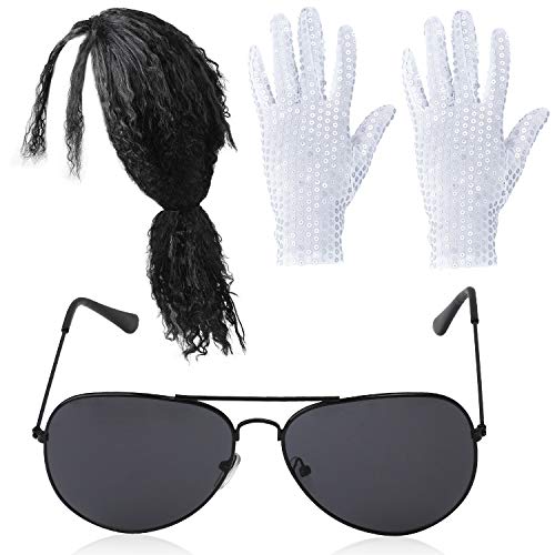 Beelittle années 80 Pop Rockstar Dance Costume Accessoires Set Balck Perruque Frisée Paillettes Gants Mode Lunettes de Soleil Aviator MJ Performance Kit - 3 Pieces (Longue Perruque) Cover