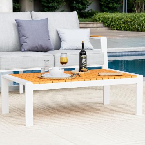 YOEEMZ Aluminum Outdoor Patio Coffee Table for for Deck, and Poolside (White+Teak Wood, Regular Size)
