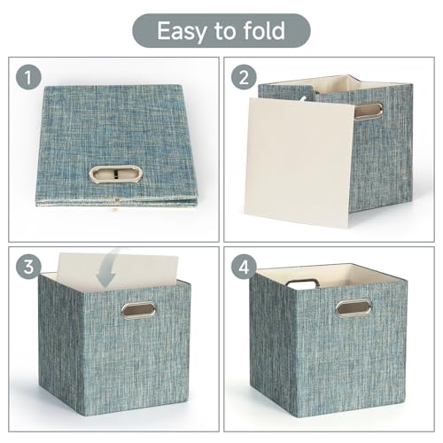 Posprica Storage Basket Bins,13×13×13 Foldable Storage Boxes Fabric Drawer Cubes for Closet Shelf Cabinet Bookcase - Set of 4,Teal