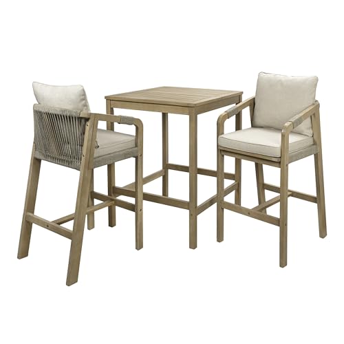 JONATHAN Y DNG2005A-3SET Porto Modern Coastal 3-Piece Acacia Wood Outdoor Square Table Bar Set with Cushions for Patio, Garden, Lawn, Backyard, Pool, Deck, Beige/Light Teak