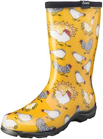 Sloggers Waterproof Garden Rain Boots for Women - Cute Mid-Calf Mud & Muck Boots with Premium Comfort Support Insole, (Chickens Daffodil Yellow), (Size 8)